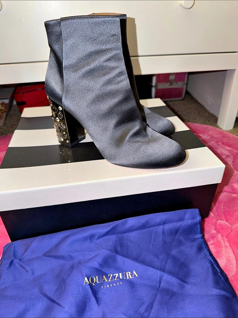 Aquazzura Embellished Heel Ankle Boots in Black US 7.5